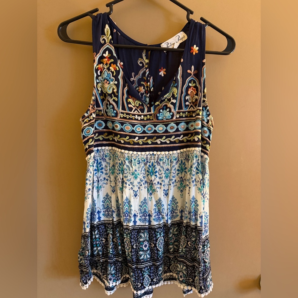 Penelope Project Bohemian Embroidered Sleeveless Blouse - Navy and White